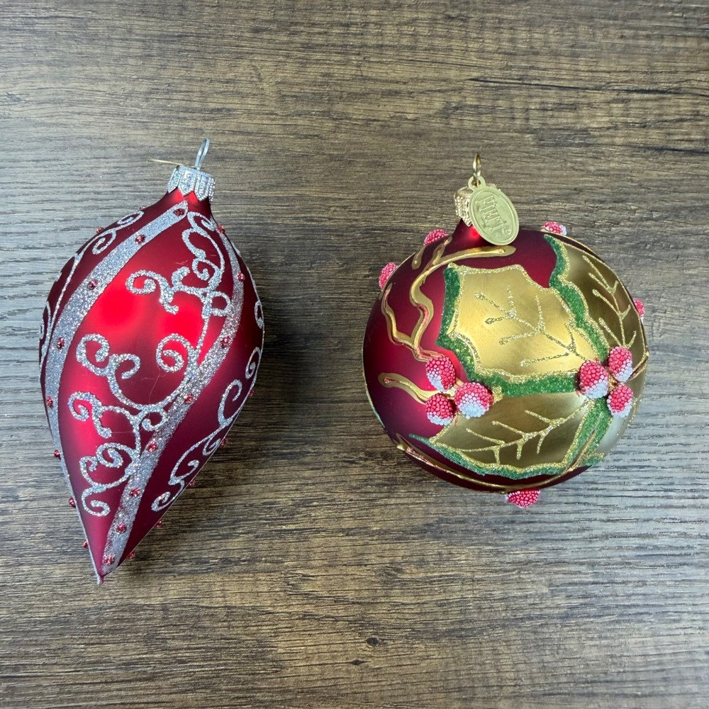 Pier 1 Glass Christmas Ornaments Red Gold Silver Hand Decorated Sparkle Glitter